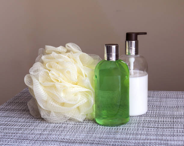 Sponge shower, cream and soap. bathing, fluffy.